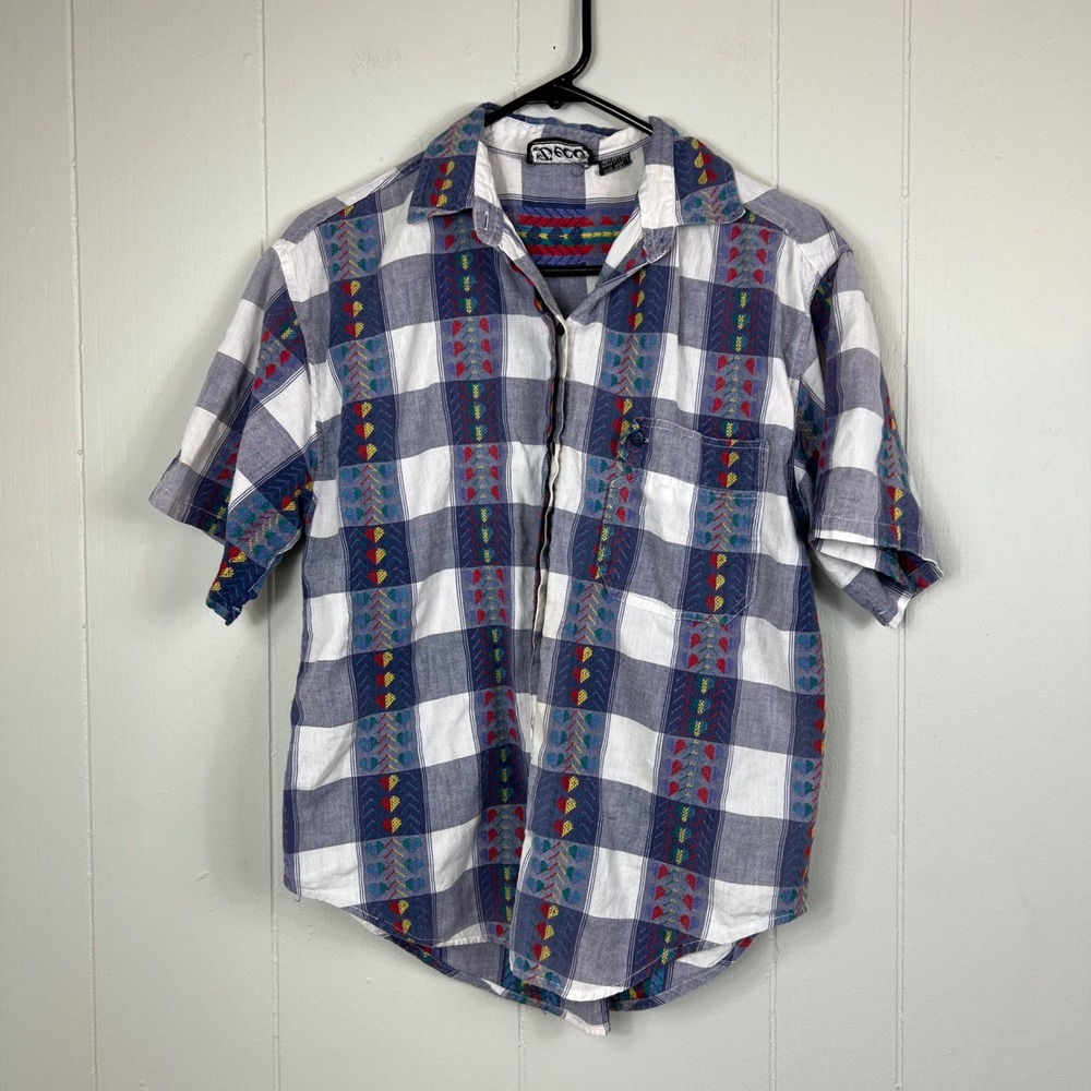 Vintage‎ Deco Plaid Short Sleeve Button Up Shirt Colorful Pattern Western Medium